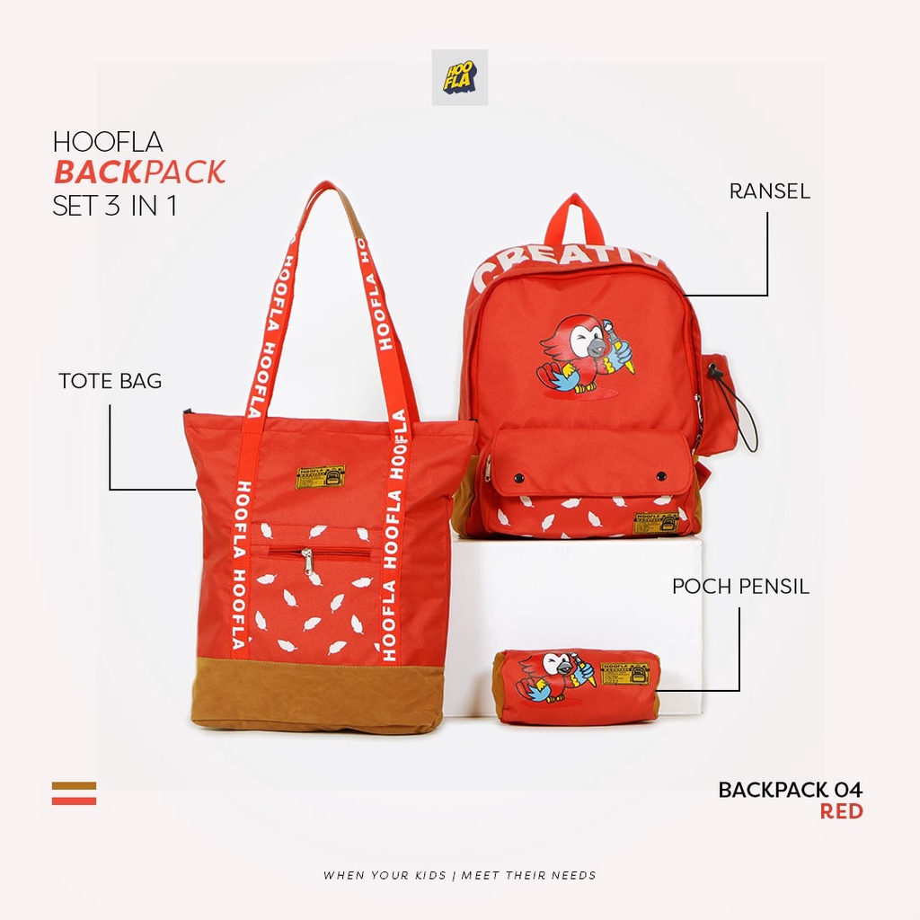 Hooflakids Tas Sekolah Anak Perempuan Laki Laki Backpack Set 3 in 1 Dapat Ransel Pouch dan Tote Bag