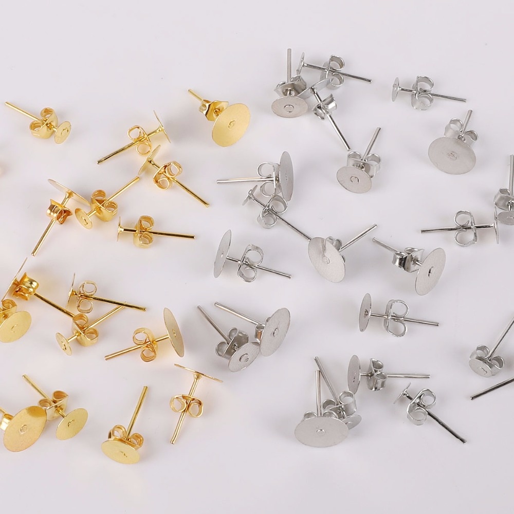 100pcs Anting Tusuk Bulat Kosong Bahan Rhodium Warna Gold / Silver Ukuran 4mm / 6mm / 8mm