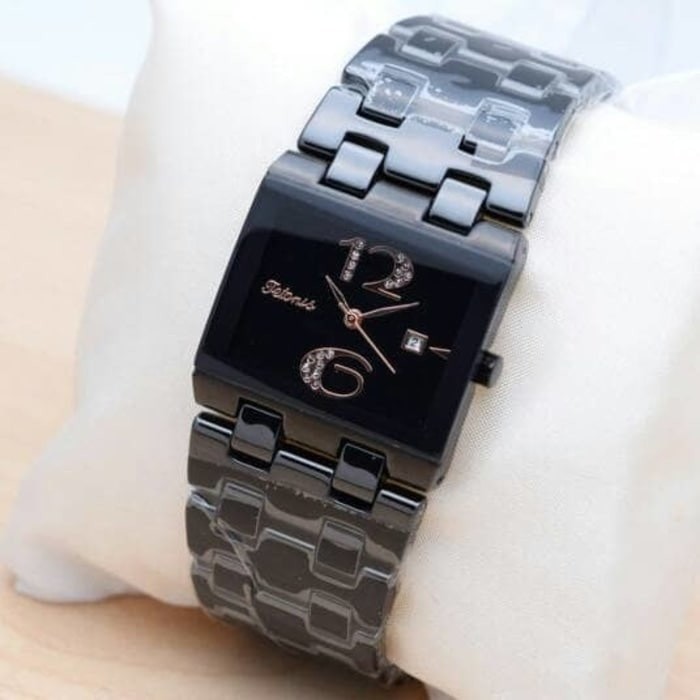 Jam Tangan Wanita / Cewek Tetonis Original Rantai Ceramic Full Black