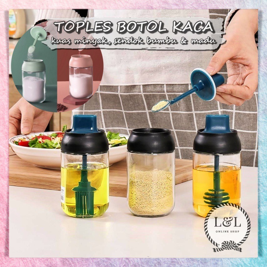 Toples Botol Kaca Tempat Madu Kuas Minyak Sendok Bumbu Dapur Garam Gula | Kitchen Seasoning Pot