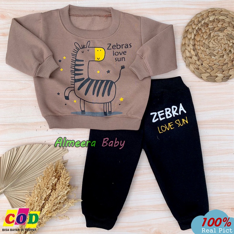 Setelan Sweater Bayi Setelan Joger Bayi Bahan Pleece Motif Zebra Usia 3-12 Bulan