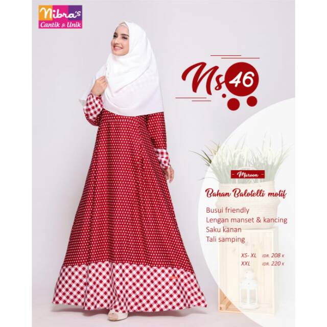 BUSANA MUSLIM WANITA GAMIS SYARI TENDY BAJU NIBRAS NS 46 MAROON BAJU MOTIF KEKINIAN DAN MENAWAN