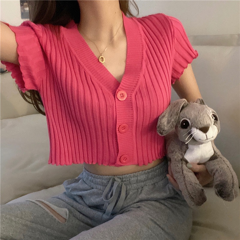 Korean Knit V-Neck Button Crop Top Atasan Wanita Rajut Kancing  2604