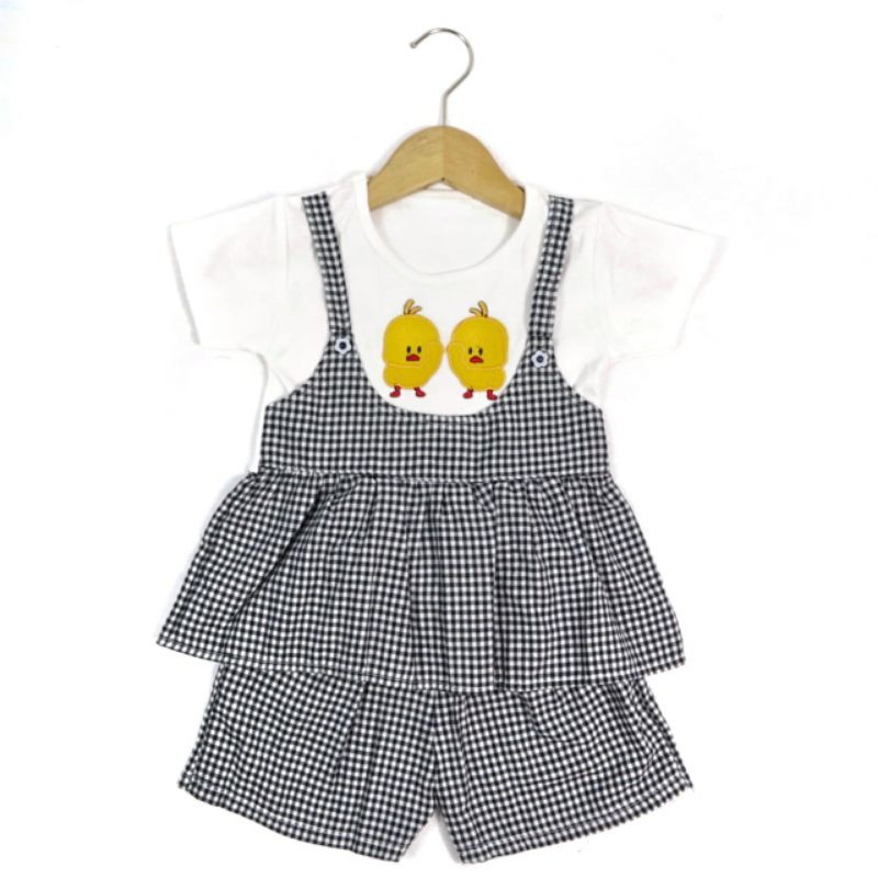 SETELAN FASHION ANAK PEREMPUAN MOTIF AYAM KOTAK OVERALL
