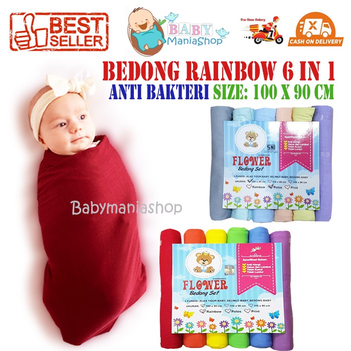 Bedong Rainbow isi 6pcs Kain Bedong Flower Bedong Bayi 6in1 Polos Selimut Swaddle Wrap Baby Babymani