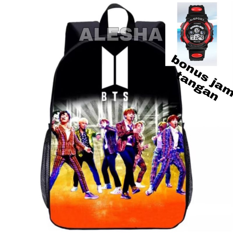 tas ransel karakter anak BTS dan BT21 bonus jam tangan