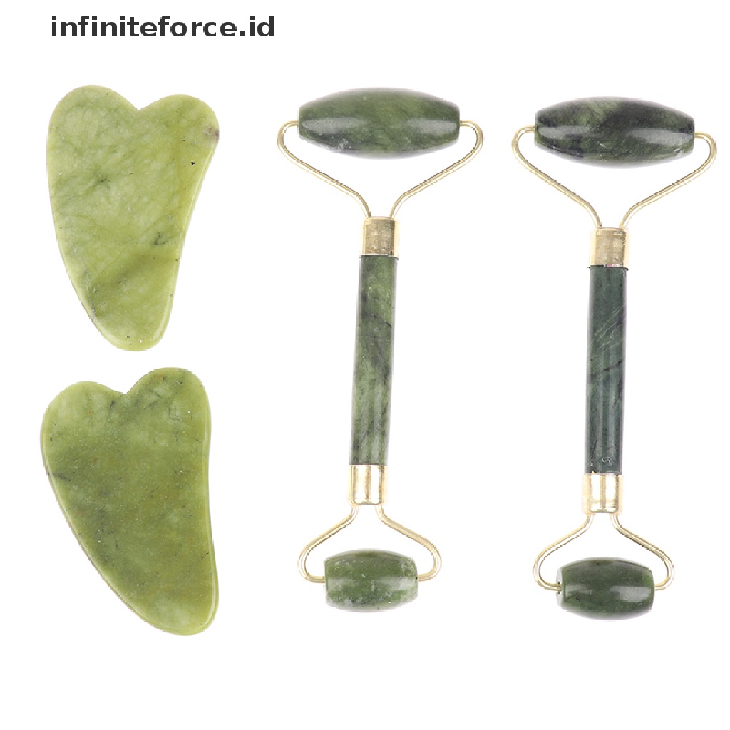 Infiniteforce.id Set Alat Pijat Roller Batu Giok Guasha Alami + Scraper Untuk SPA Wajah