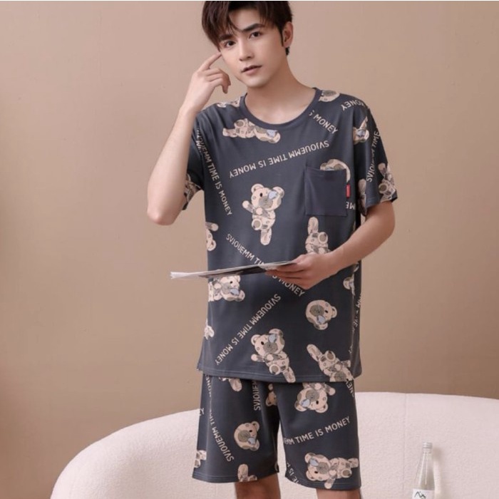 BAJU TIDUR PRIA KAOS SPANDEX IMPORT SET CELANA PENDEK BIG SIZE 3XL - 1, L