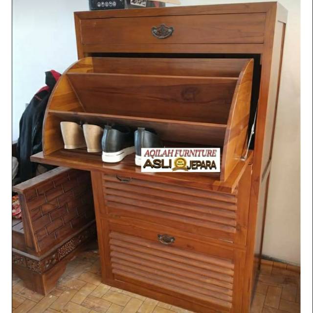 Rak sepatu kayu jati lemari sepatu tempat sepatu kayu jati