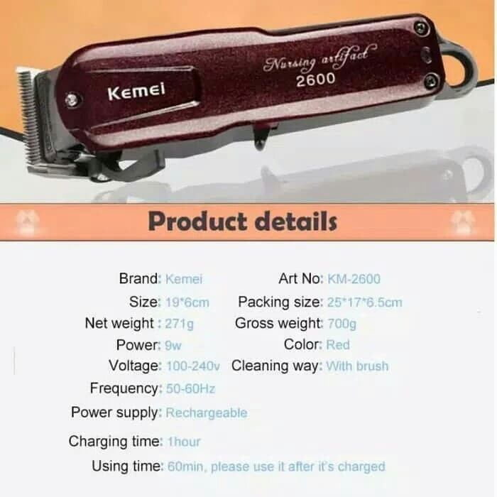 Alat Cukur Rambut Elektrik Cordless KEMEI KM-2600 / Mesin Cukur Rambut / Mesin Cukur Kemei KM-2600