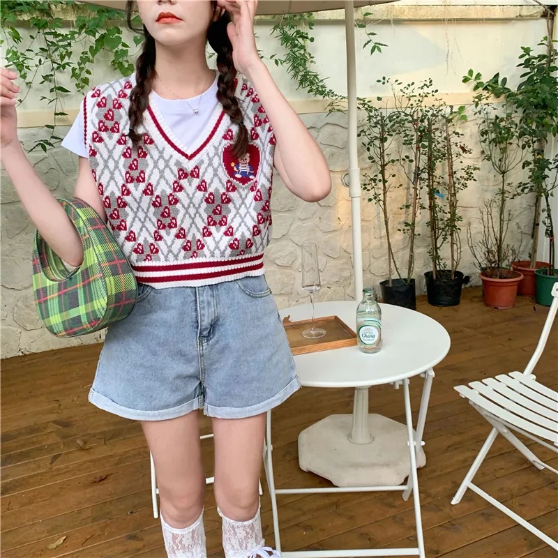 Baju Sweater Wanita Rompi Rajut Crop Top Knit Vest Korean Style