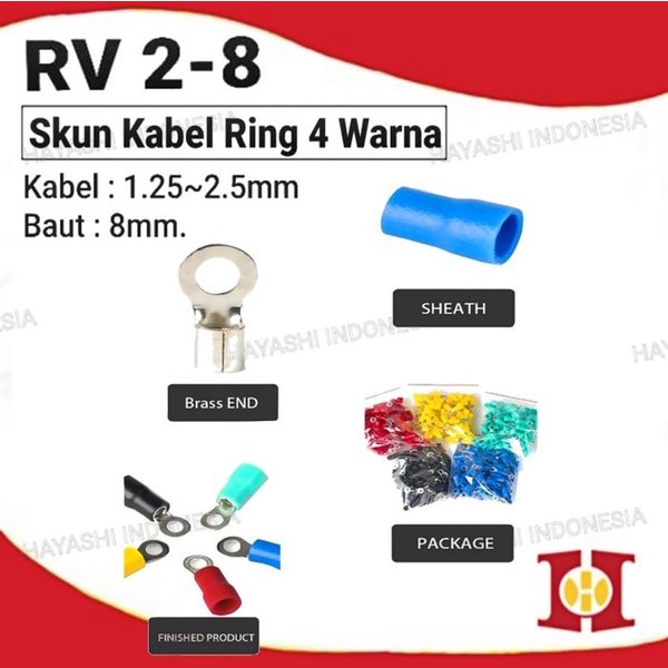 Terminal Kabel Sekun Cable Skun Ring O Bulat Cable Lug Isolasi RV 2-8 (100pcs)