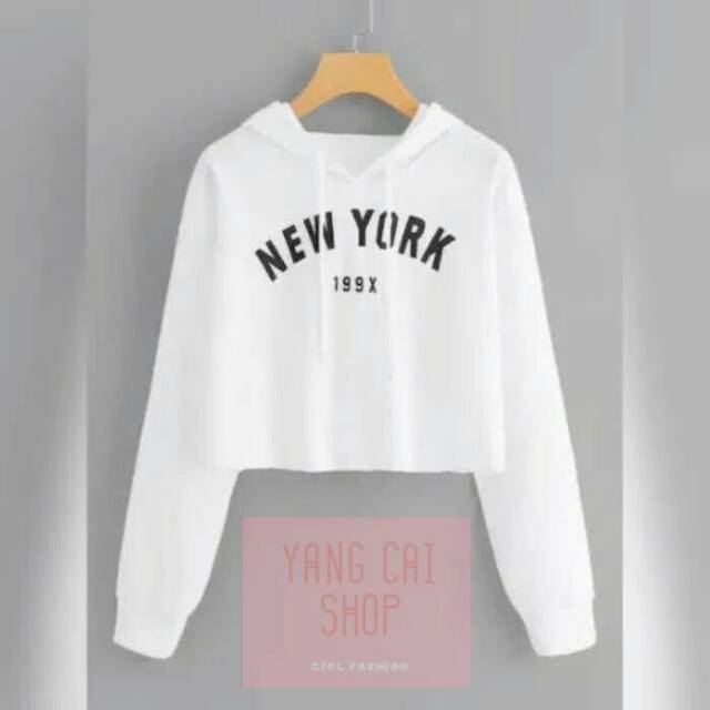 Sweater Wanita Crop Hoodie New York 199x - Putih
