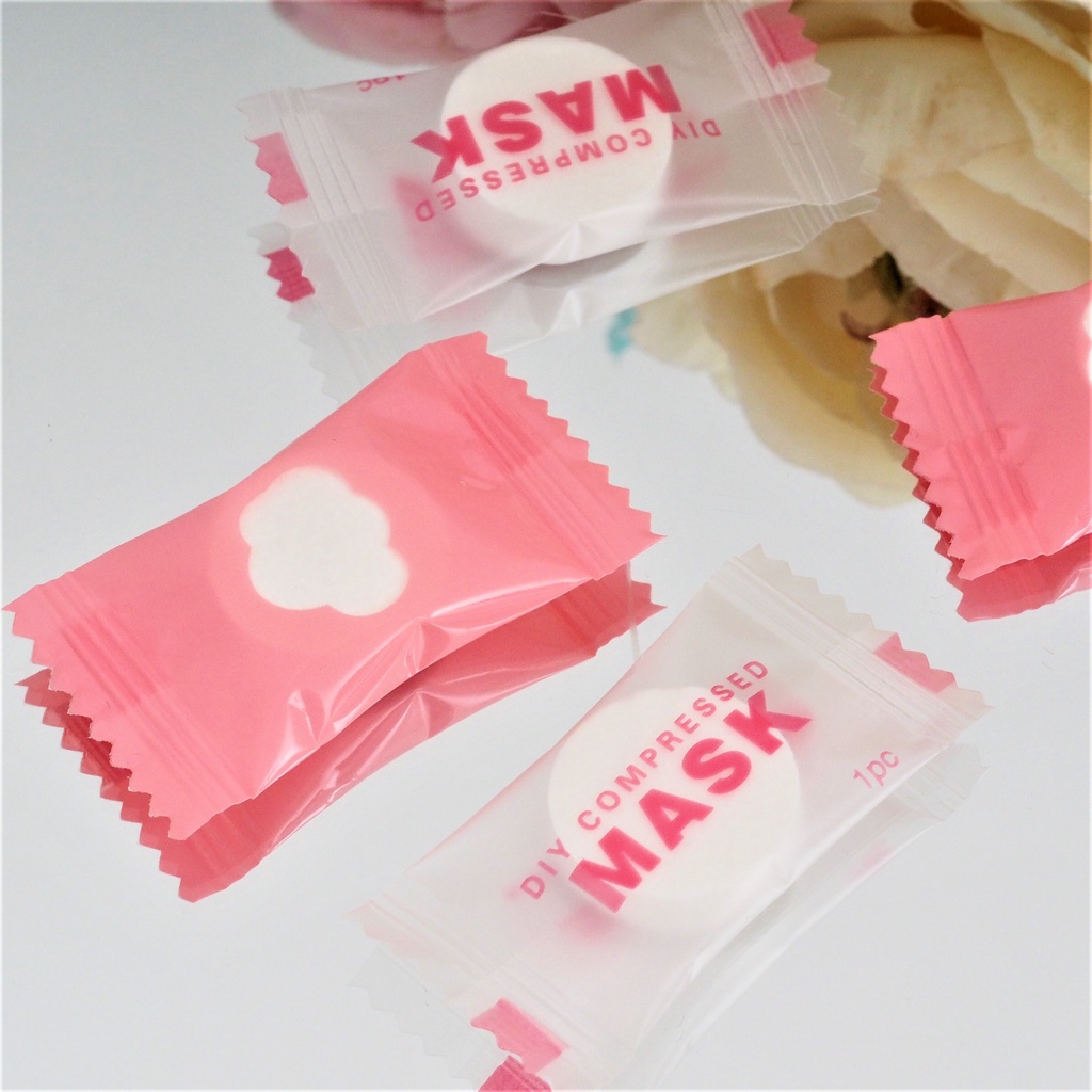 Compressed Mask BOX ISI 8 PCS Compress Facial Sheet Face Paper DIY Masker Permen Wajah Pink Putih