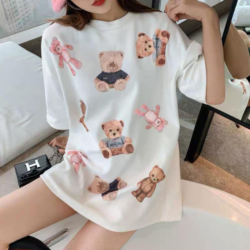 Overtee Tshirt Oversize Wanita Motif All Bear PINK - 100% Import