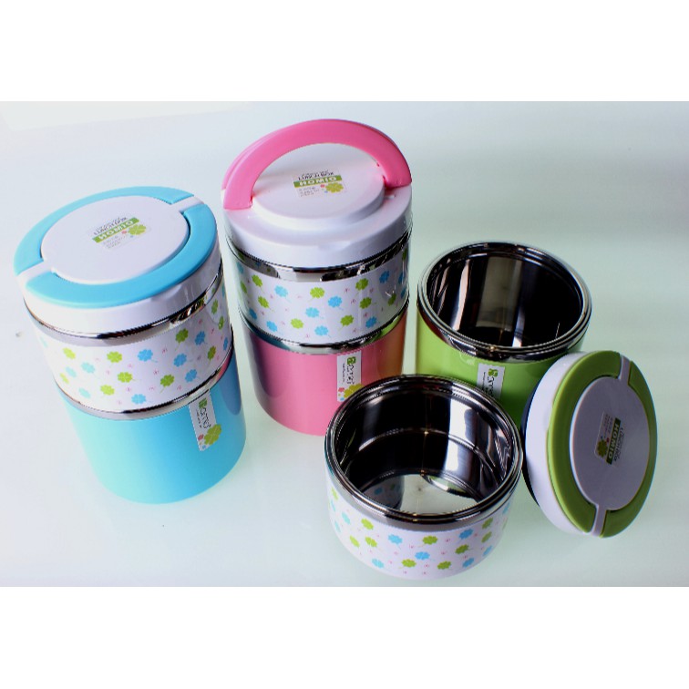 KJ  TEMPAT MAKAN LUNCH BOX TERMOS NASI RANTANG STAINLESS SUSUN 2 MOTIF POLKADOT 8504