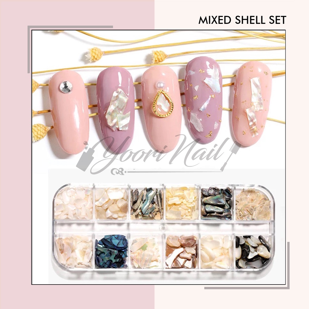 Mixed shell set 12 grid nail art mixed decorations potongan batu kerang flake ocean shell