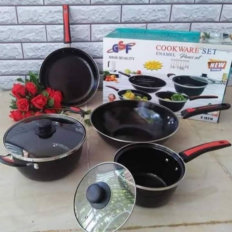 panci set GSF 1831 enamel tutup kaca anti lengket cookware set gsf enamel tutup kaca