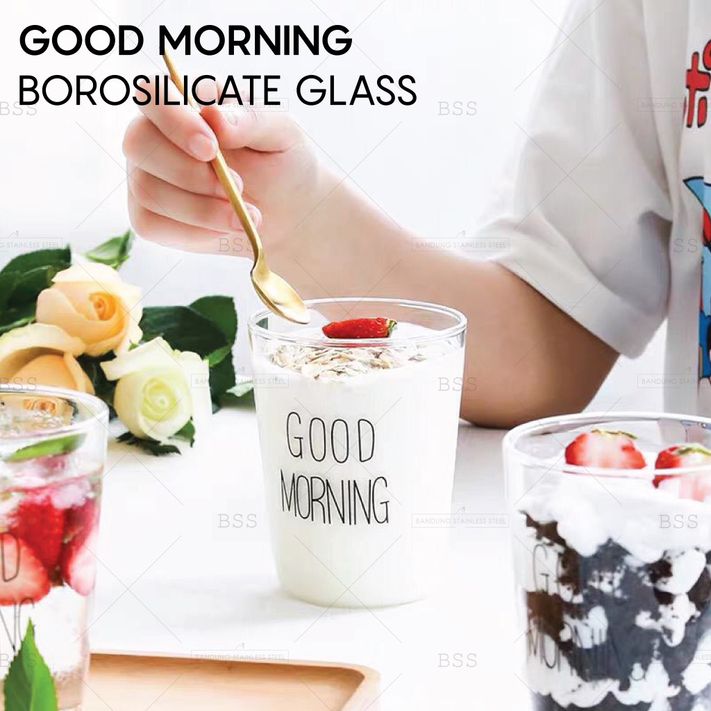 Gelas Kaca Borosilicate 450ML Juice Jus Susu Kopi Good Morning Simple Cangkir Air Minum Glass Cantik Unik