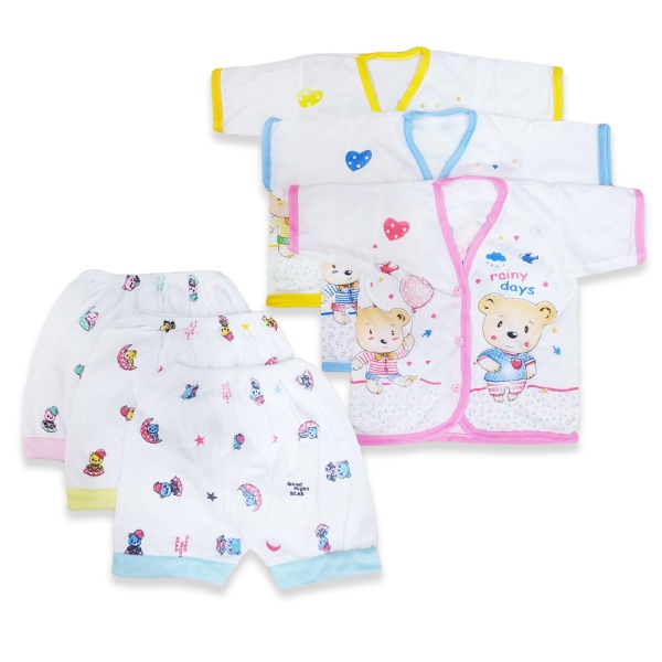 3 Pasang Setelan Baju dan Celana Pendek Bayi Newborn Motif Karakter Lucu