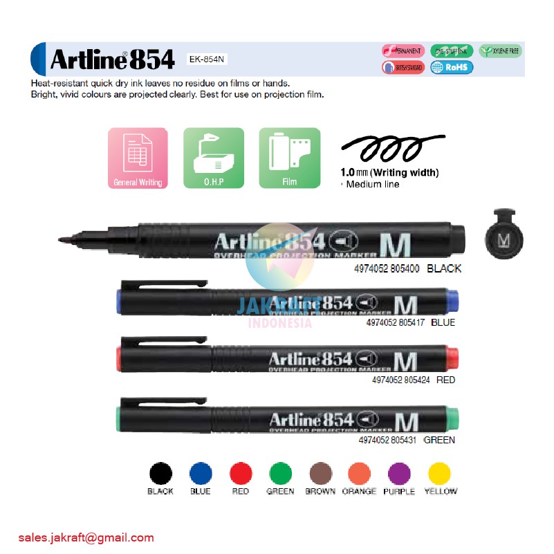 

(1 Pcs) Spidol OHP Medium 1.0 mm Permanen ARTLINE EK-854 Permanent Marker Anti Air 1.0 mm Segala Permukaan Kering