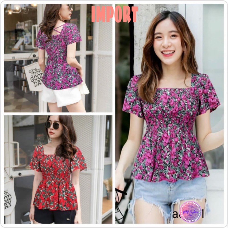 Baju Atasan Blouse Casual Kerut Dada Katun Import Wanita Full Motif Bunga Fashion Perempuam DA8871
