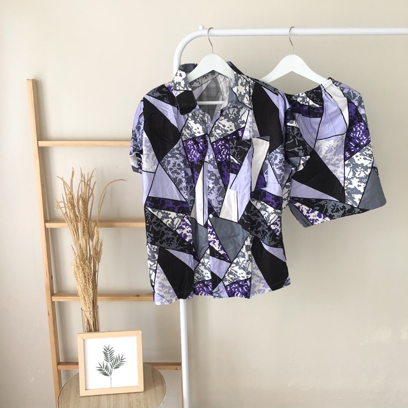 hirafa - One Set Setelan Atas Bawah Full Kancing / Baju Santai Tie Dye / Baju Wanita Pria-Abstrak - Ungu