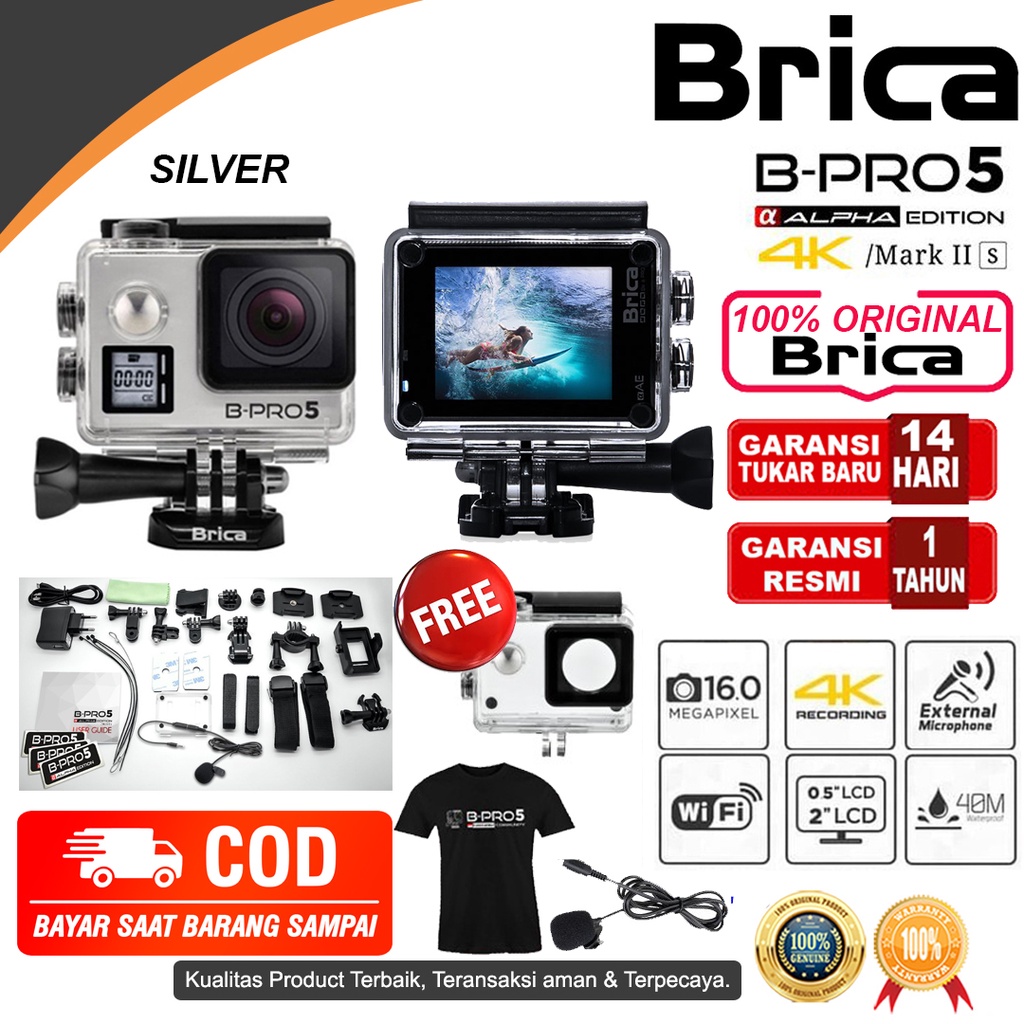 Brica B-Pro 5 Alpha Edition Action Cam AE3S -  AE Basic - AE Lite - AE1 4K - AE2 - AE2S - Kamera Brica-AE2S SILVER + TSHIRT
