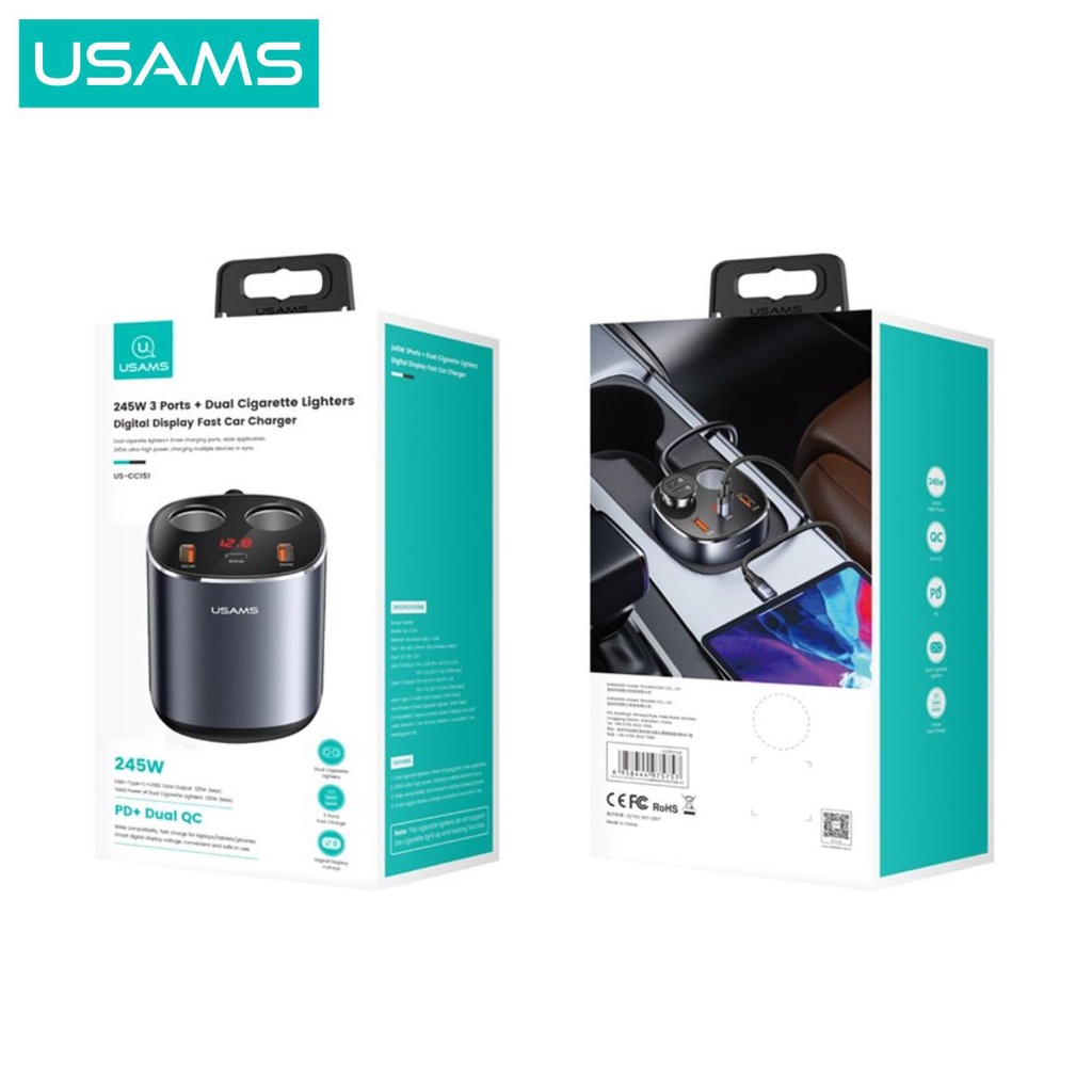 USAMS C28 Charger Mobil Fast Car Charge 245W Digital Display 5in1