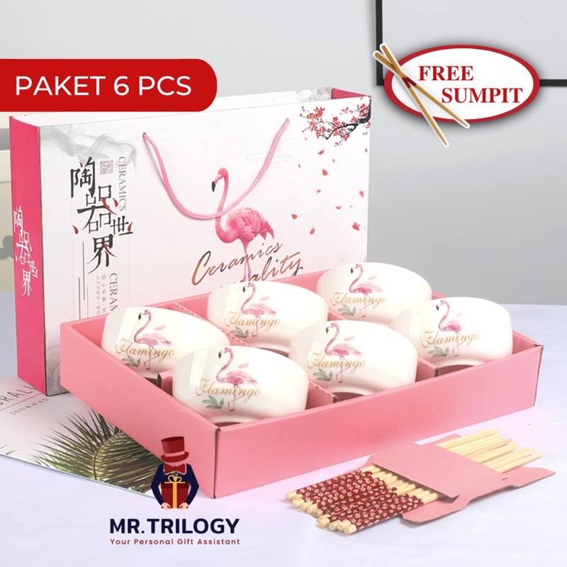 Hampers Flamingo Mangkok Jepang Keramik Set Alat Makan Sumpit Aestetik Kekinian Sovenir Hadiah Lebaran Nikah Pink