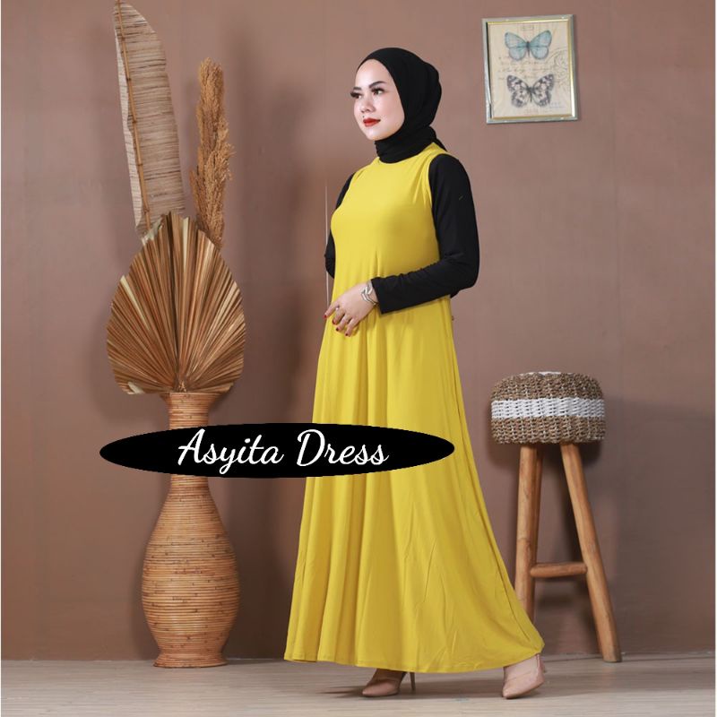 Baju Gamis Jersey Kutung Yukensi Dress Tanpa Lengan Kutung Busui Polos ASYITA DRESS Warna HIJAU IJO 