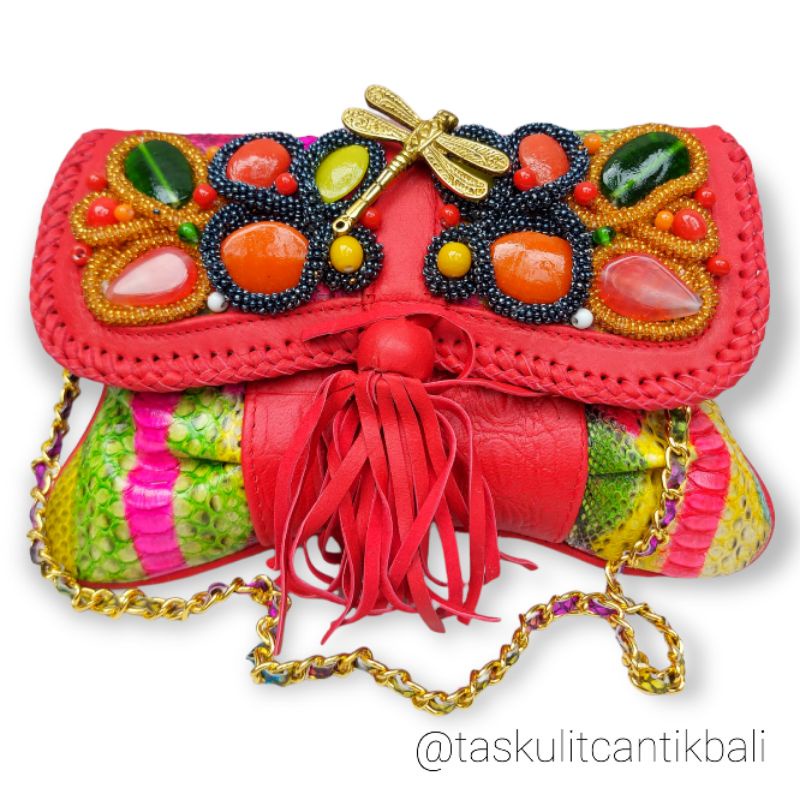 Clutch Pesta Kimberly Size S Multi List Red Color - Clutch Model Minang/Rinca Tas Kulit Ular Piton