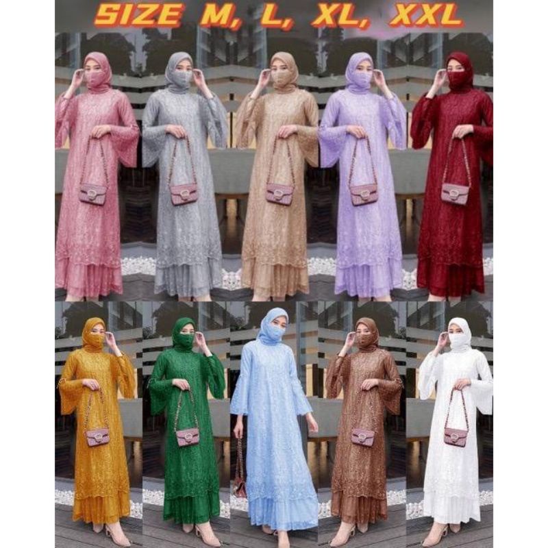 3 UKURAN M L XL DRESS TILE MUTIARA BUNGA GAMIS TILE BRUKAT TERBARU NEW GAMIS LEBARAN MAXI DRESS CANT