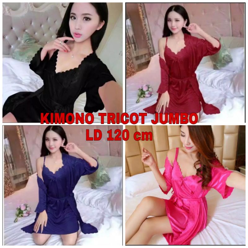 Dtree . JUMBO Set kimono lingerie 2in1 satin / piyama wanita kimono set tricot jumbo xxl