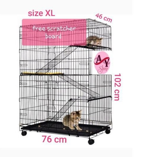 kandang kucing tingkat 3 besi Lipat uk 102 x 76 x 46 XL JUMBO Roda kaki