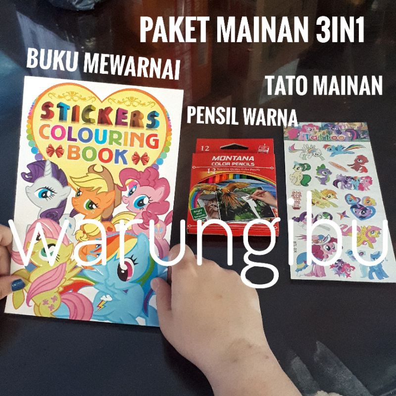 

Paket Kado Mainan Anak 3in1 Buku Mewarnai Dan Stiker Pensil Warna Set Tato Mainan Little Pony