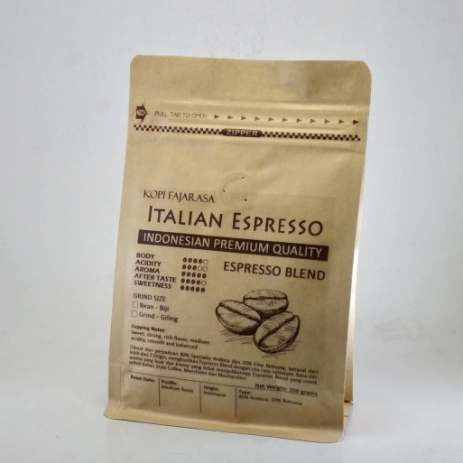 

Kopi-Biji- Kopi Fajarasa Italian Espresso Biji Kopi Espresso Blend 200 Gram - Biji -Biji-Kopi 750