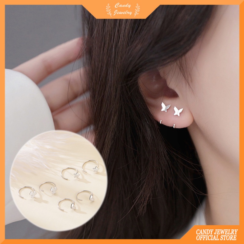 Anting Tusuk Sterling Silver 925 Desain Kupu-Kupu / Hati Warna Permen Untuk Wanita