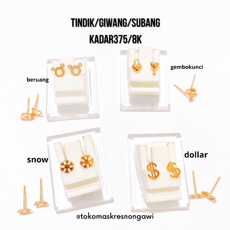 tindik/ giwang emas variasi motif kadar 375/8k (+stopper silikon)