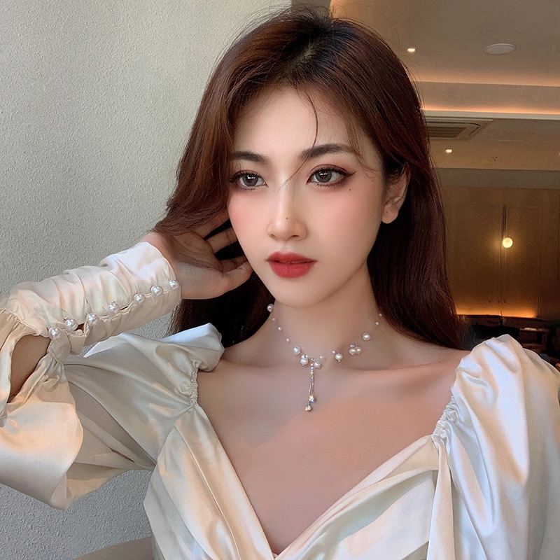 Kalung Rantai Dengan Liontin Mutiara + Berlian Imitasi Gaya Jepang / Korea Untuk Wanita