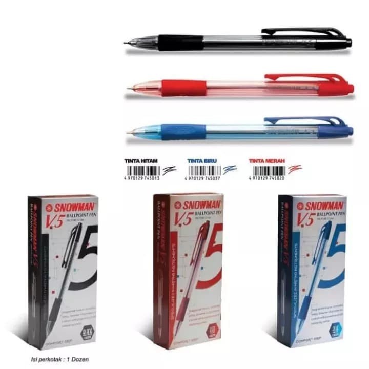 

Snowman Ballpoint V-5 (Retractable) 0.7mm Hitam / Biru / Merah ( 1 Pack - 12 Pcs )
