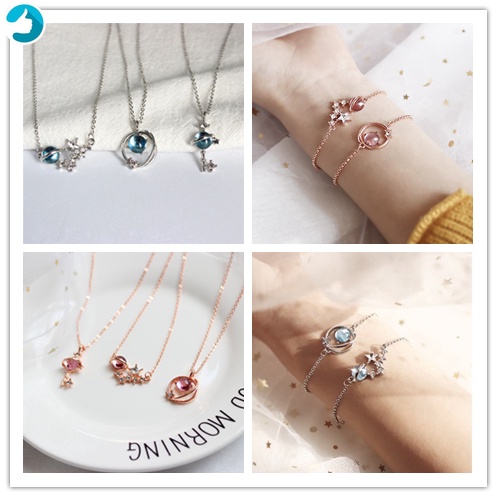 Kalung Rantai Sterling silver 925 Dengan Liontin Planet / Bintang Warna Biru / pink Gaya korea Untuk Wanita