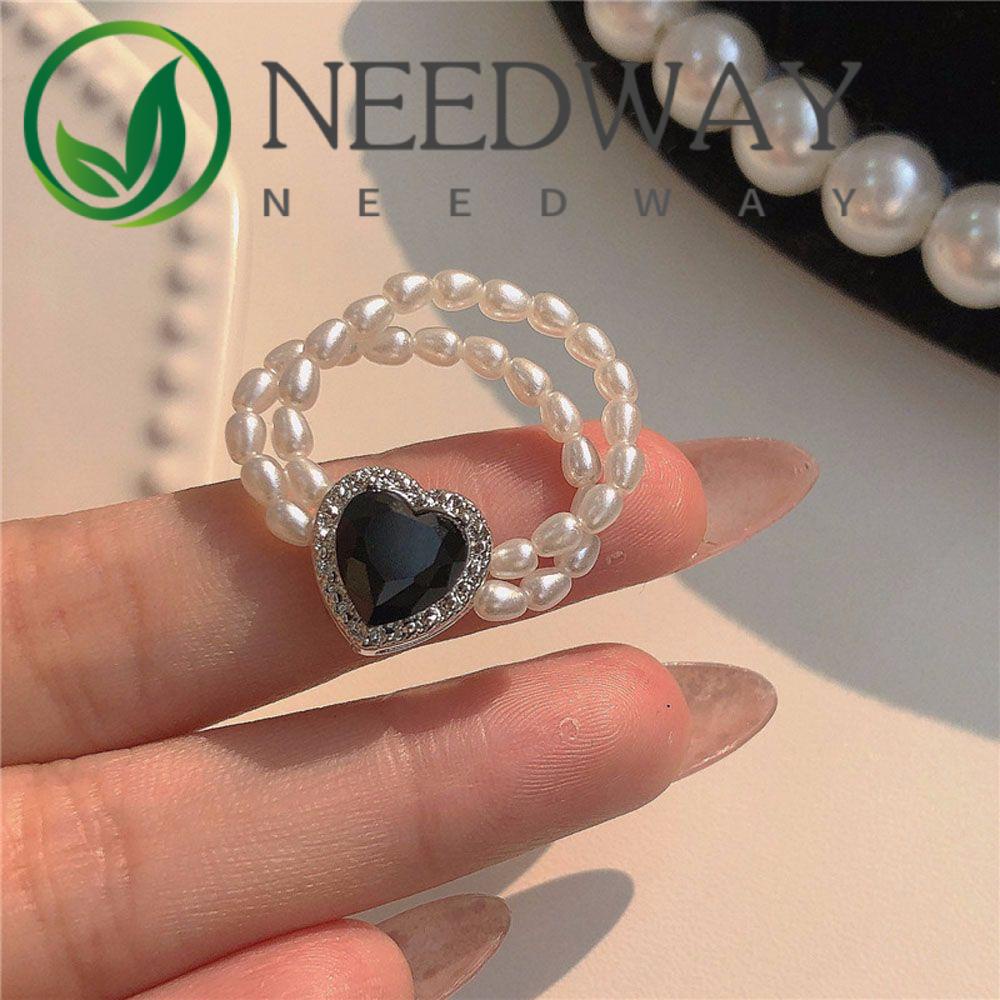 Needway  Women Girls Rings Wedding Party Jewelry Bead Ring Fashion Accessories Elastic Heart-shaped Diamond Black Gem Romantic Finger Ring/Multicolor