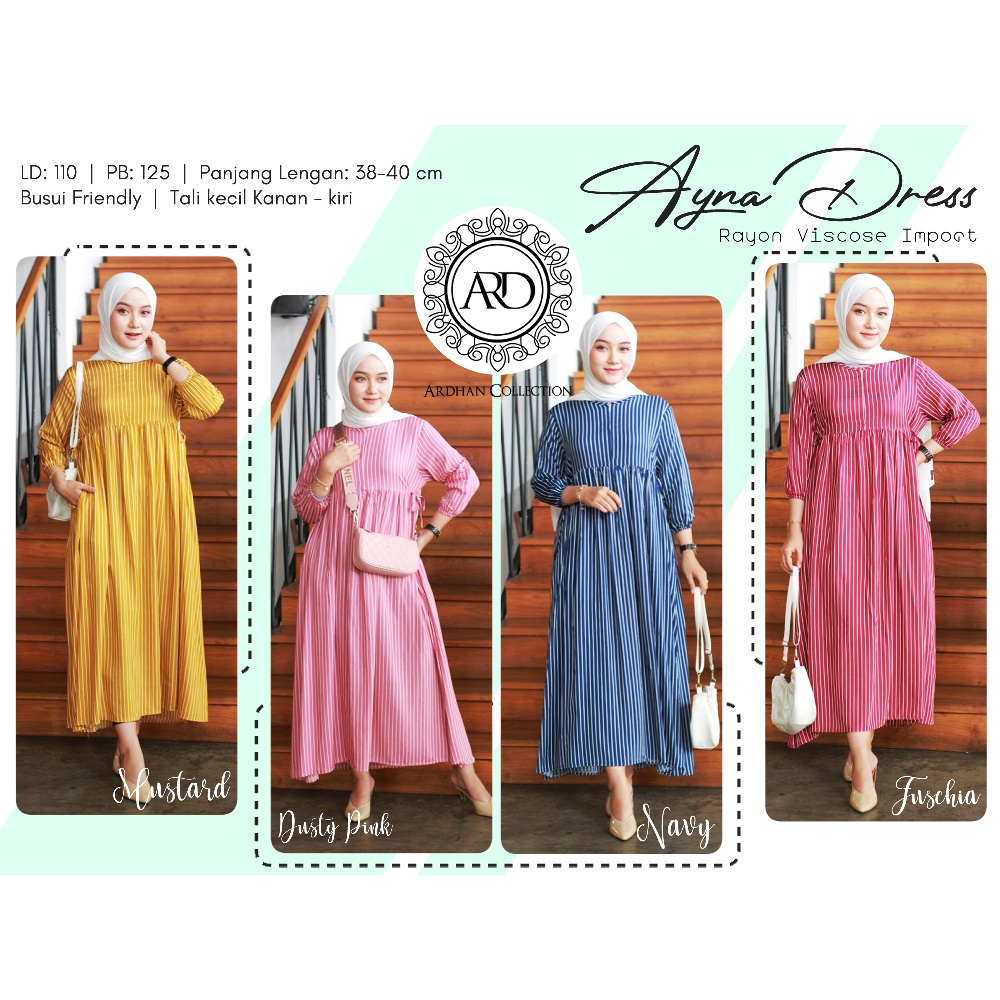 [ARDHANFASHION.ID] AYNA RAYON -  Casual Daily Dress Gamis Long Tunik Motif Garis Vertikal Bahan Rayo