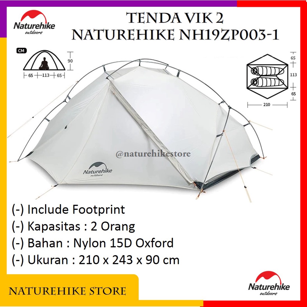 Tenda Vik 2 Camping Outdoor Nylon 15D Ultralight Kapasitas 2 Orang Hiking Gunung Naturehike NH19ZP00