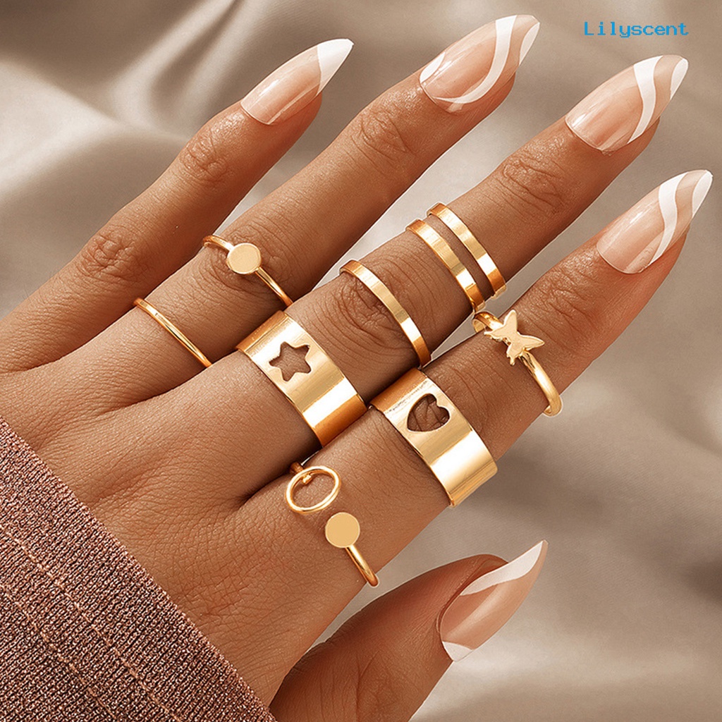 8pcs Cincin Knuckle Bentuk Hati Butterfly Star Plated Stackable Untuk Unisex