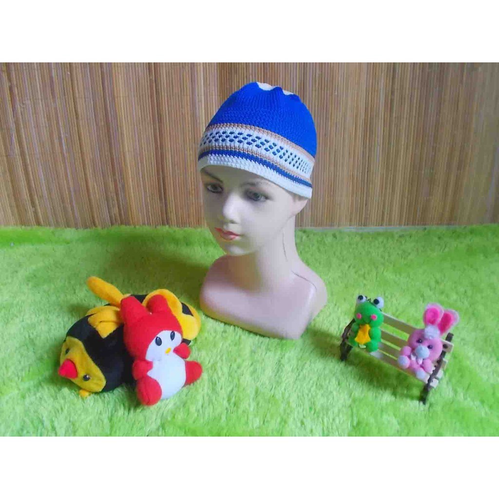 kembarshop peci rajut anak TK SD putih biru