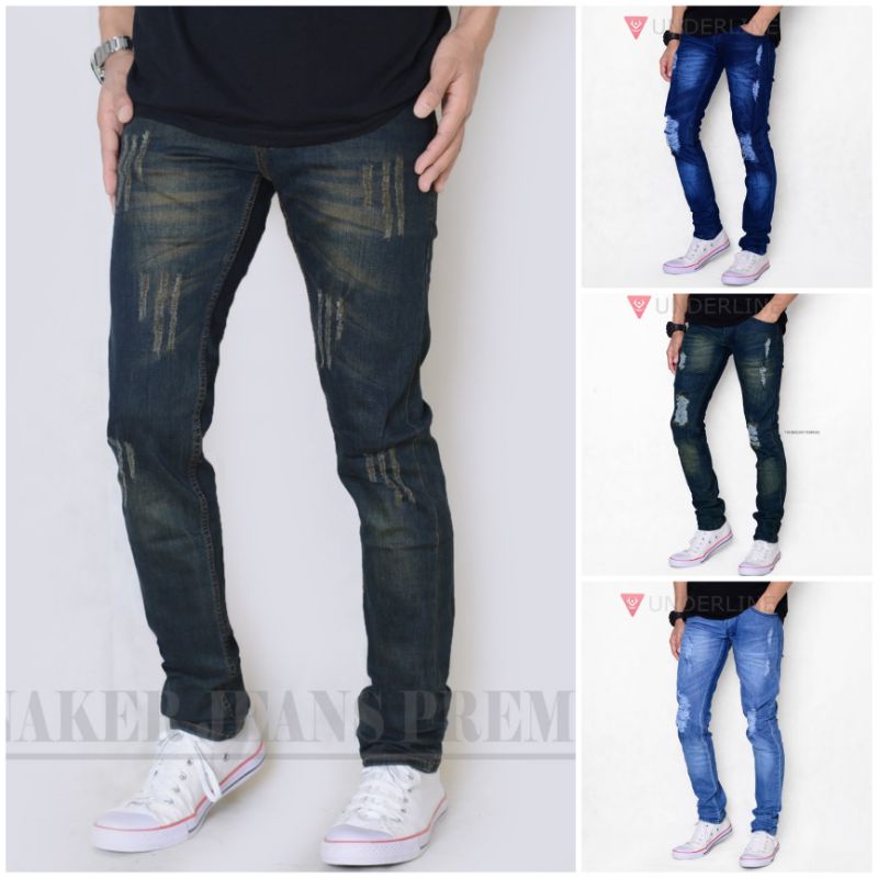 CELANA PANJANG PRIA JEANS BIKER SOBEK ORIGINAL UNDERLINE/CELANA PANJANG RIPPED/CELANA DENIM SOFJEANS