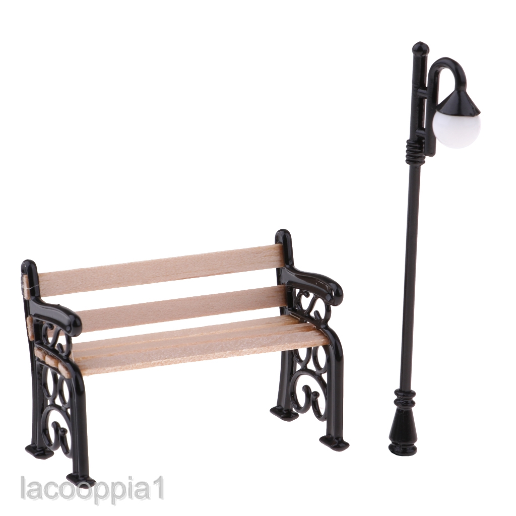 Lacooppia1 1 12 Dollhouse Miniature Garden Patio Furniture Wooden Bench And Street Lamp Shopee Indonesia