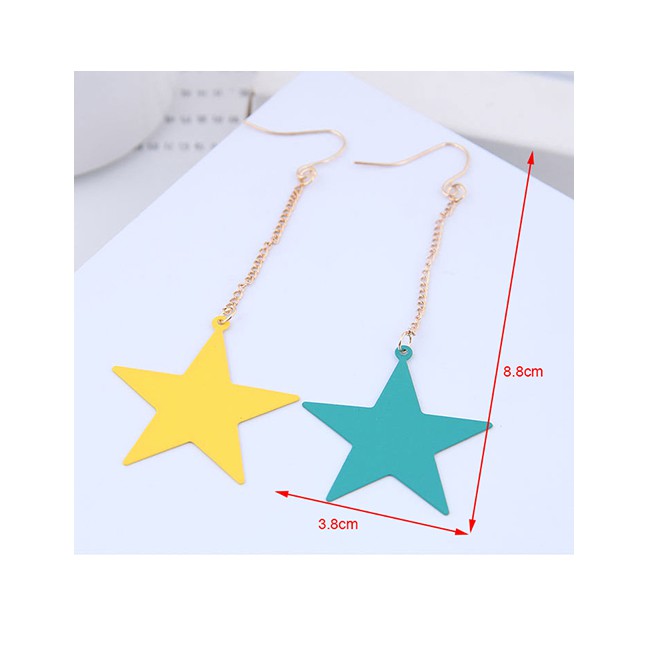 LRC Anting Tusuk Fashion Yellow + Green Metal Contrast Five-pointed Star Earrings A58852